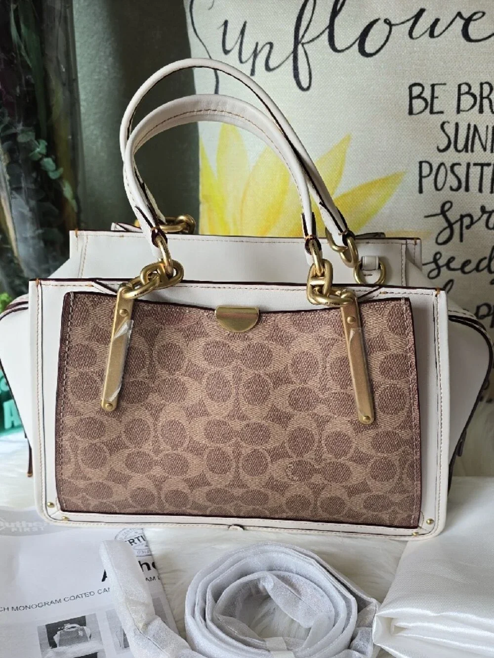 Coach Dreamer 36 Brown Signature Canvas Satchel And Cream Leather NWT